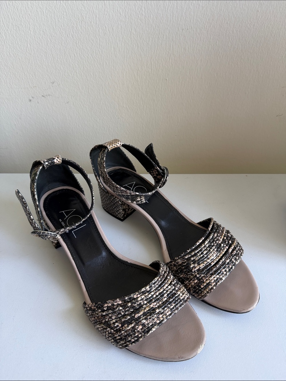 AGL Black and Tan leather Woven Block Heel Sandals